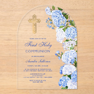 Blue Hydrangea Arch First Communion Acrylic Invitations