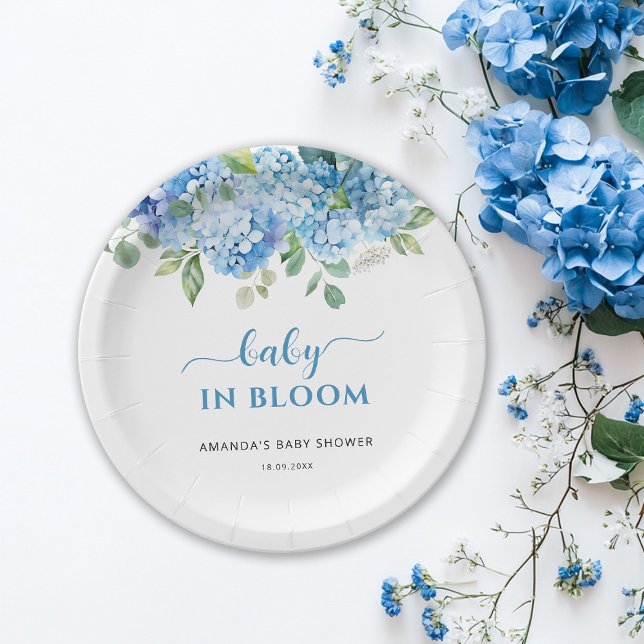Blue Hydrangea Baby in Bloom Baby Shower Paper Plate (Creator Uploaded)