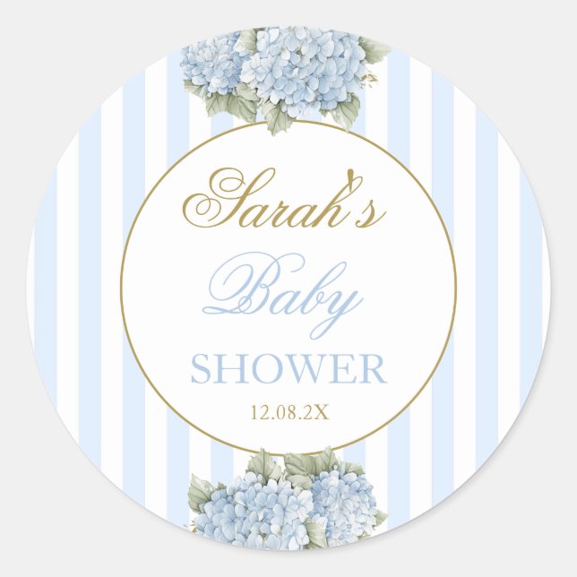 Blue Hydrangea Baby Shower Classic Round Sticker (Front)