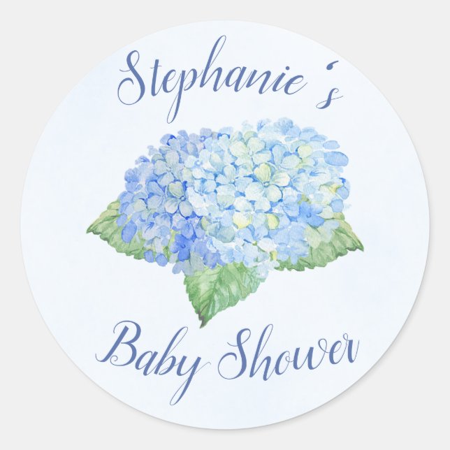 Blue Hydrangea Baby Shower Personalised Classic Round Sticker (Front)
