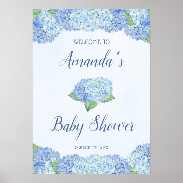 Blue Hydrangea Baby Shower Personalised Poster (Front)