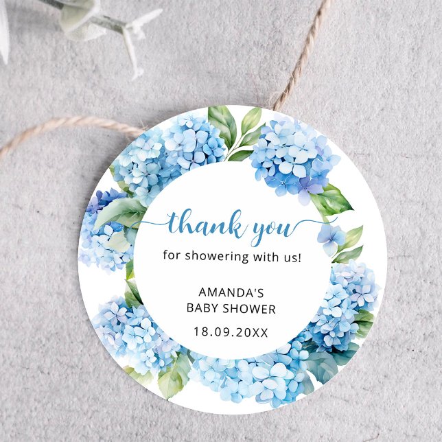 Blue Hydrangea Baby Shower Thank You Classic Round Sticker (Creator Uploaded)