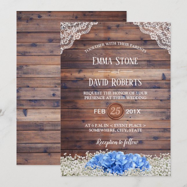 Blue Hydrangea Baby's Breath Rustic Barn Wedding Invitation (Front/Back)