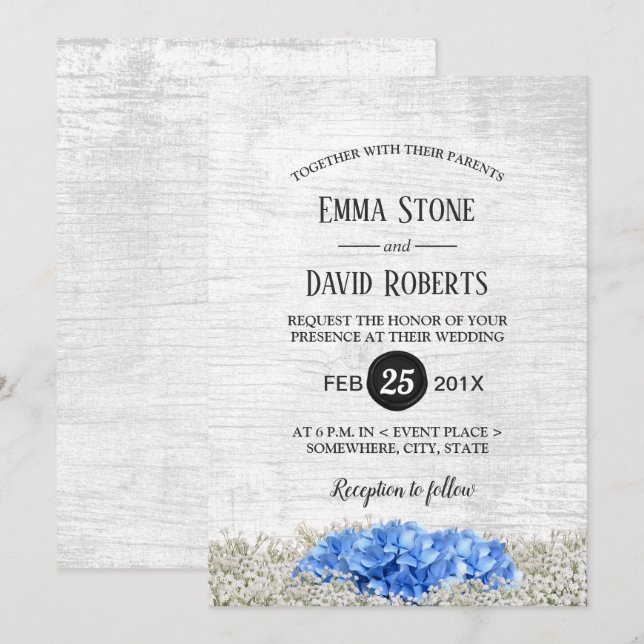 Blue Hydrangea Baby's Breath Rustic Wedding Invitation (Front/Back)