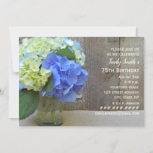 Blue Hydrangea Barnwood Mason Jar Mature Birthday Magnetic Invitation (Front)