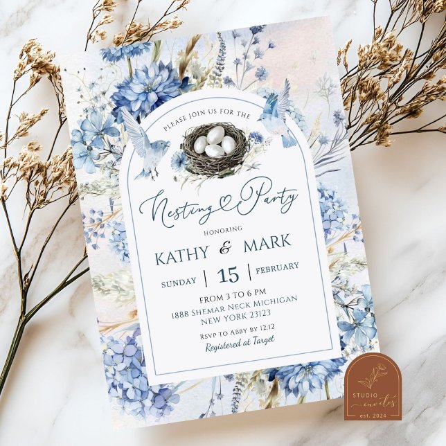 Blue Hydrangea Bird Nesting Party Invitation (Creator Uploaded)