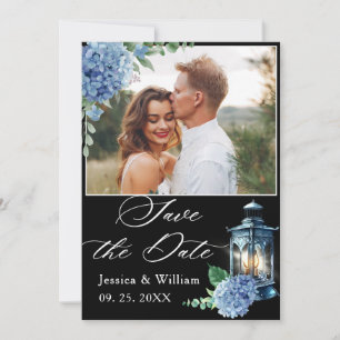 Blue Hydrangea Black Classic Lantern Photo Wedding Save The Date