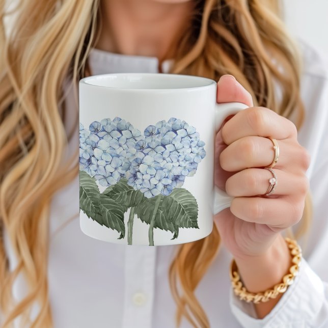 Blue Hydrangea Bloom Hamptons Ceramic Coffee Mug (blue hydrangea ceramic mug with custom name)