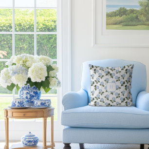 Blue Hydrangea Bloom Monogram Cushion