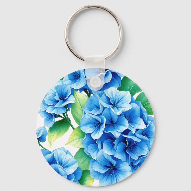 Blue Hydrangea Blooms Floral Pattern Key Ring (Front)