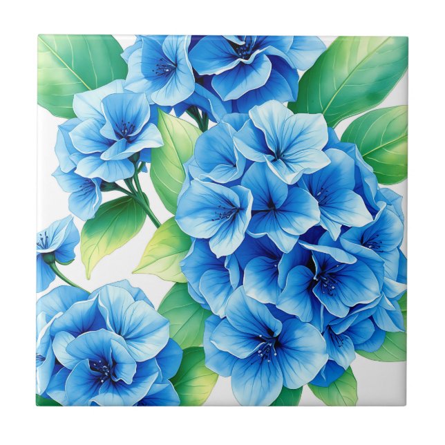 Blue Hydrangea Blooms Floral Pattern Tile (Front)