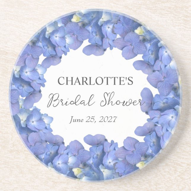 Blue Hydrangea Blooms Personalised Bridal Shower Coaster (Front)