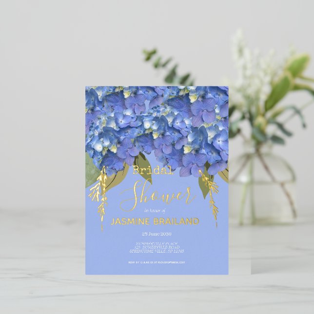 Blue Hydrangea Blooms Personalised Bridal Shower Foil Invitation Postcard (Standing Front)
