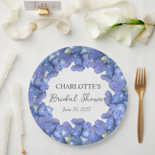 Blue Hydrangea Blooms Personalised Bridal Shower Paper Plate