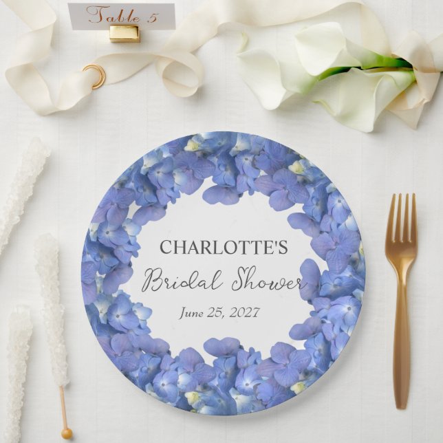 Blue Hydrangea Blooms Personalised Bridal Shower Paper Plate (Wedding)