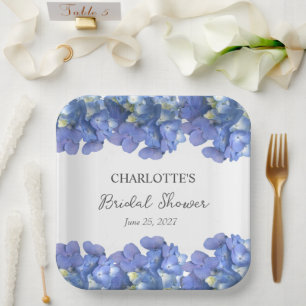 Blue Hydrangea Blooms Personalised Bridal Shower Paper Plate
