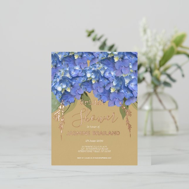 Blue Hydrangea Blooms Personalized Bridal Shower Foil Invitation Postcard (Standing Front)