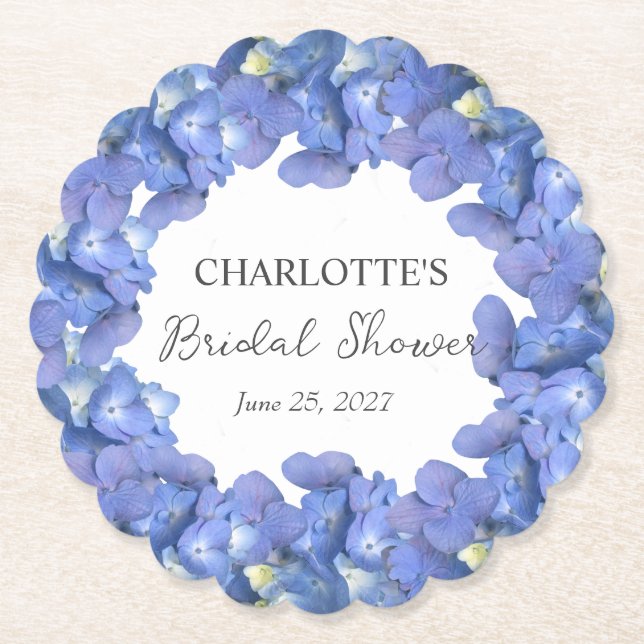 Blue Hydrangea Blooms Personalized Bridal Shower Paper Coaster (Front)