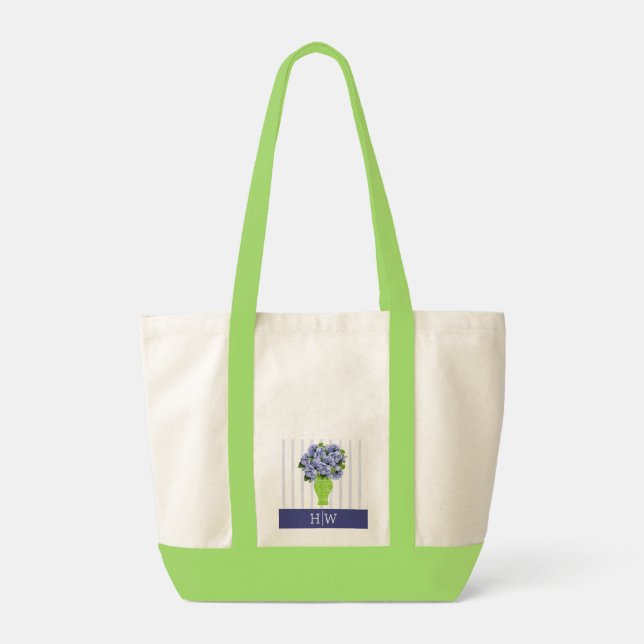  Blue Hydrangea Blue Stripe Monogram Pattern Tote Bag (Back)