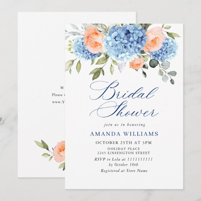 Blue Hydrangea Blush Pink Roses BRIDAL SHOWER Invitation (Front/Back)