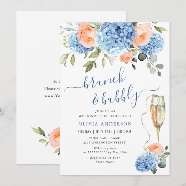 Blue Hydrangea Blush Pink Roses BRIDAL SHOWER Invitation (Front/Back)