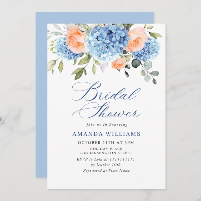 Blue Hydrangea Blush Pink Roses BRIDAL SHOWER Invitation (Front/Back)