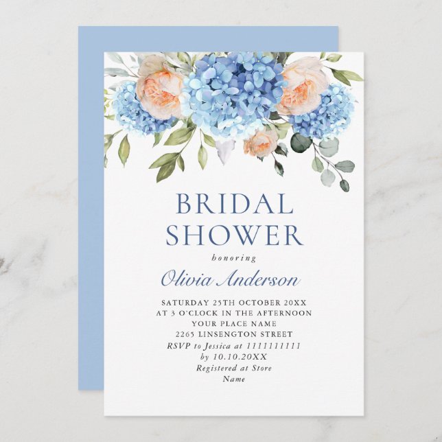 Blue Hydrangea Blush Pink Roses BRIDAL SHOWER Invitation (Front/Back)