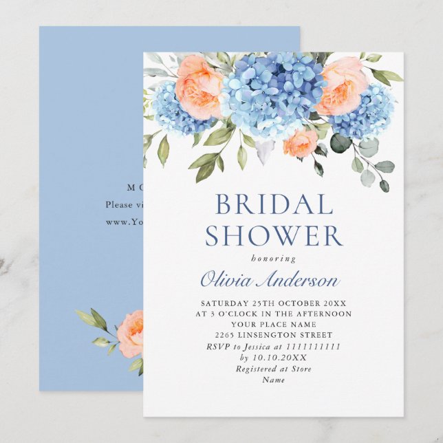 Blue Hydrangea Blush Pink Roses BRIDAL SHOWER Invitation (Front/Back)