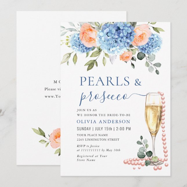 Blue Hydrangea Blush Pink Roses PEARLS & Prosecco Invitation (Front/Back)
