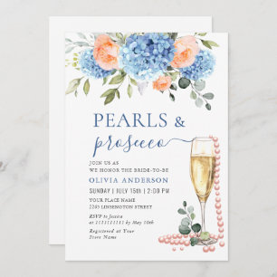 Blue Hydrangea Blush Pink Roses PEARLS & Prosecco Invitation