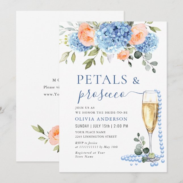 Blue Hydrangea Blush Pink Roses Pearls & Prosecco Invitation (Front/Back)