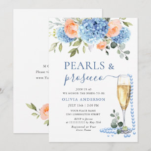 Blue Hydrangea Blush Pink Roses PEARLS & Prosecco Invitation