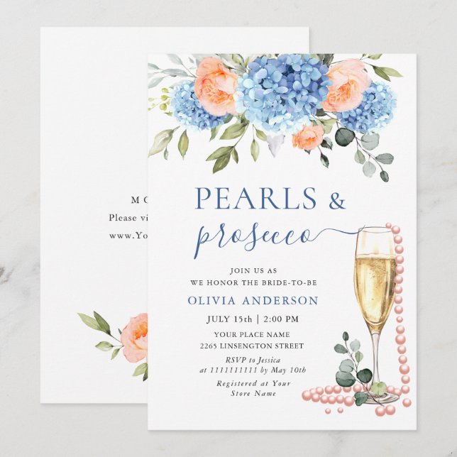 Blue Hydrangea Blush Pink Roses PEARLS & Prosecco Invitation (Front/Back)
