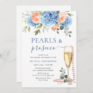 Blue Hydrangea Blush Pink Roses PEARLS & Prosecco Invitation