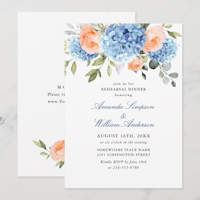 Blue Hydrangea Blush Pink Roses Rehearsal Dinner Invitation (Front/Back)