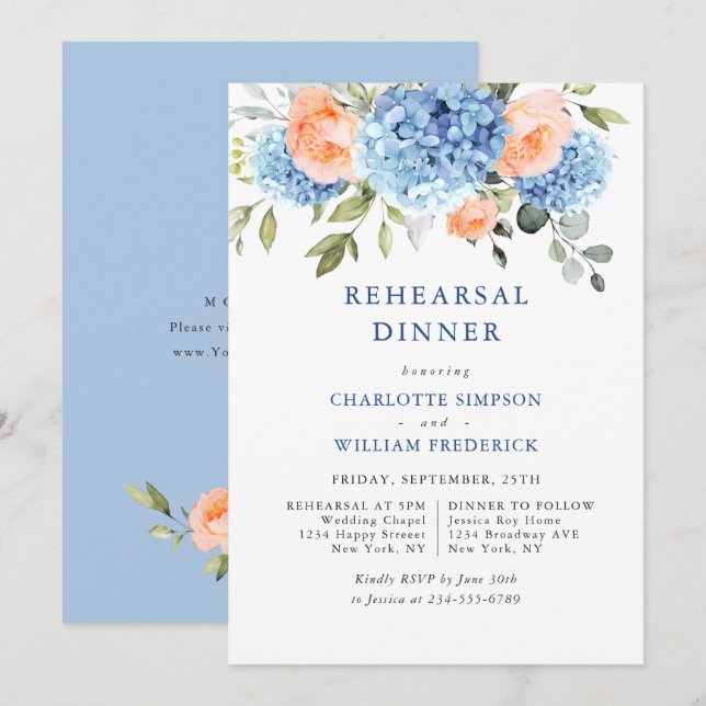 Blue Hydrangea Blush Pink Roses Rehearsal Dinner Invitation (Front/Back)