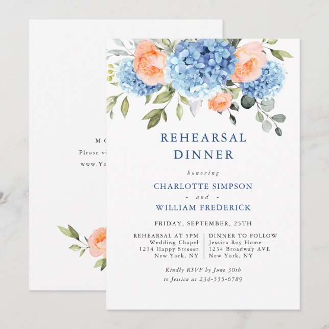 Blue Hydrangea Blush Pink Roses Rehearsal Dinner Invitation (Front/Back)