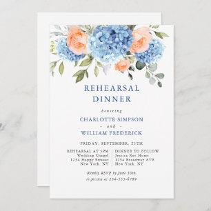 Blue Hydrangea Blush Pink Roses Rehearsal Dinner Invitation