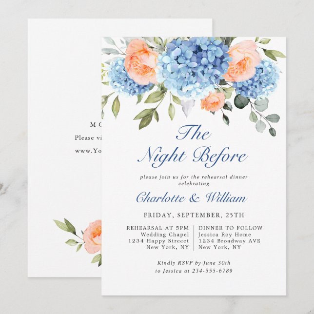 Blue Hydrangea Blush Pink Roses Rehearsal Dinner Invitation (Front/Back)