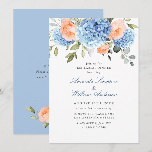 Blue Hydrangea Blush Pink Roses Rehearsal Dinner Invitation (Front/Back)
