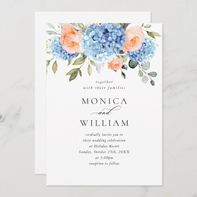Blue Hydrangea Blush Pink Roses Wedding All In One Invitation (Front/Back)