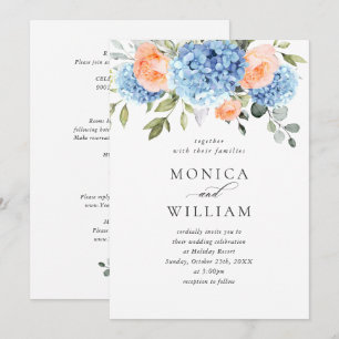 Blue Hydrangea Blush Pink Roses Wedding All In One Invitation