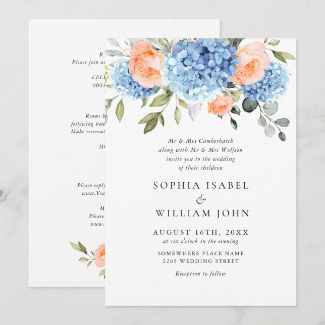 Blue Hydrangea Blush Pink Roses Wedding All In One Invitation (Front/Back)