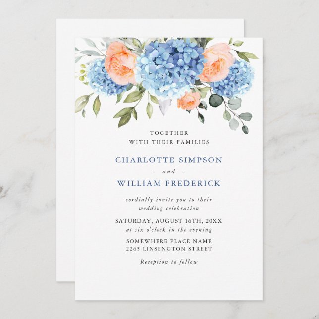 Blue Hydrangea Blush Pink Roses Wedding All In One Invitation (Front/Back)