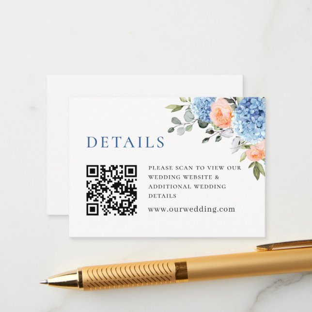 Blue Hydrangea Blush Pink Roses Wedding Details Enclosure Card (Front/Back In Situ)