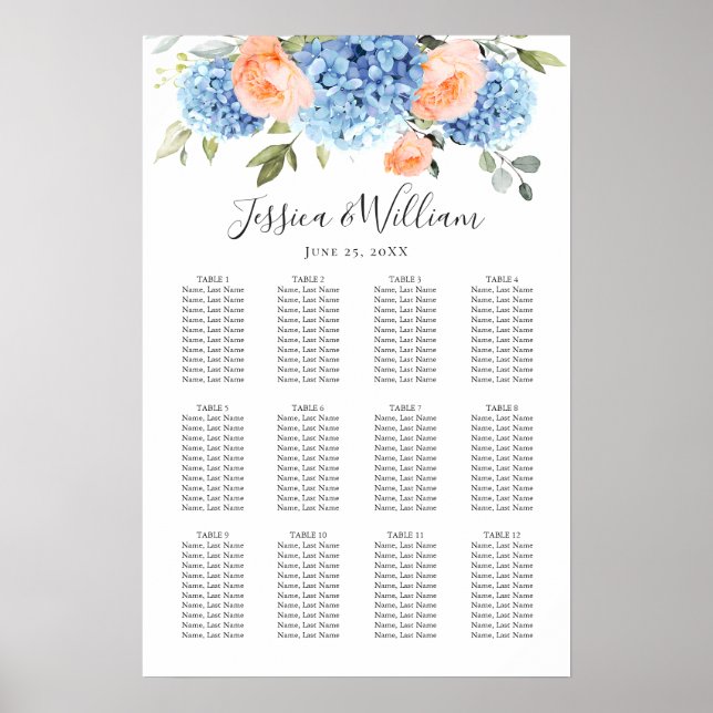 Blue Hydrangea Blush Rose 12 Tables SEATING CHART (Front)