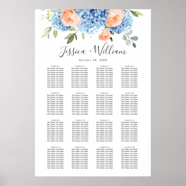 Blue Hydrangea Blush Rose 15 Tables SEATING CHART (Front)