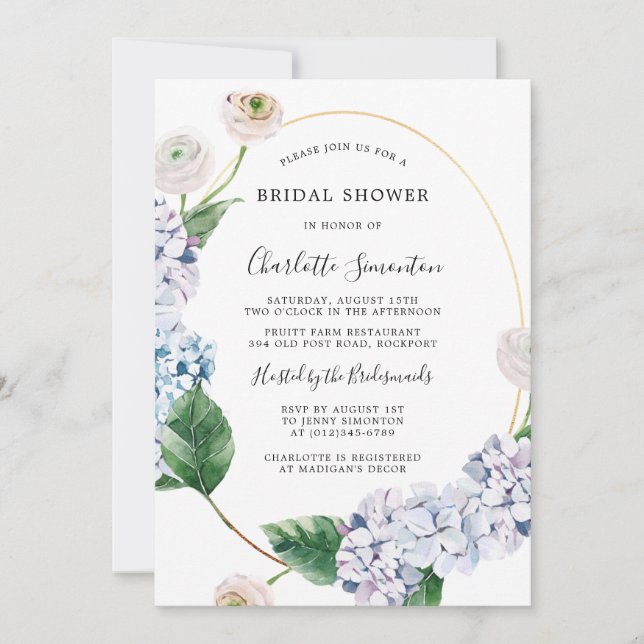 Blue Hydrangea Blush Rose Floral Bridal Shower Invitation (Front)