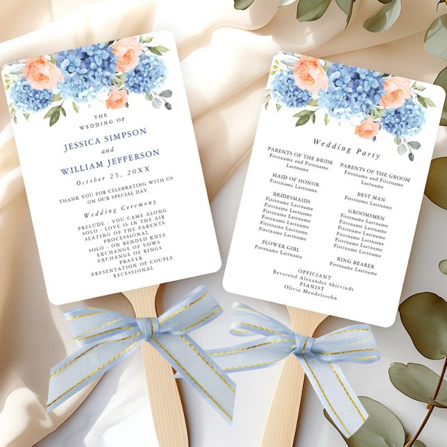 Blue Hydrangea Blush Rose Wedding Ceremony Program Hand Fan (Creator Uploaded)