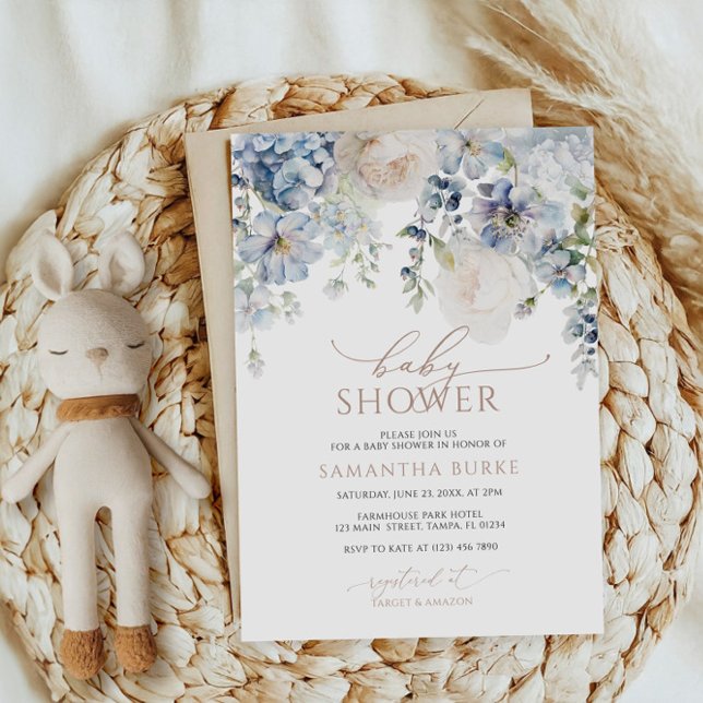 Blue Hydrangea & Blush Roses Baby Shower Invitation (Creator Uploaded)